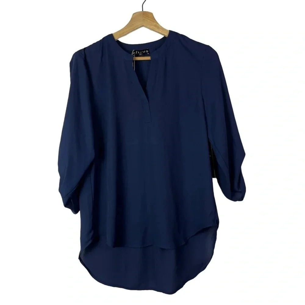 Boutique Citrus Navy Blue V-Neck Roll Tab Long Sleeve Blouse M